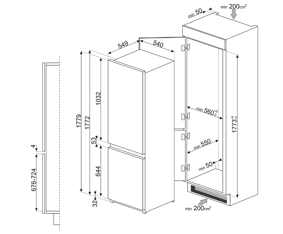 Встроенный холодильник габариты шкафа